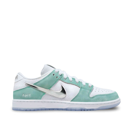 "Nike SB Dunk Low April Skateboards Turbo Green sneaker with white mesh and Turbo Green suede overlays"

"Side view of Nike SB Dunk Low April Skateboards with metallic silver Swoosh and icy translucent outsole"

"Close-up of Nike SB Dunk Low April Skateboards showing blue rose graphic under translucent outsole"

"Nike SB Dunk Low April Skateboards Turbo Green – premium skateboarding sneaker with unique design details"