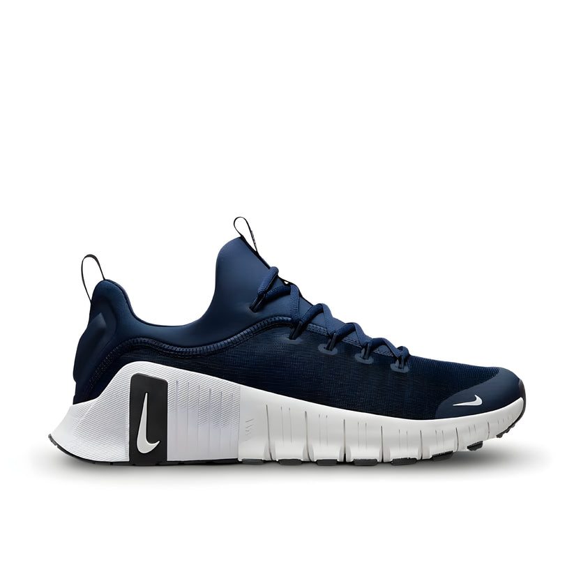 "Nike Free Metcon 6 College Navy Black White training shoe with flexible midsole and reinforced heel"

"Side view of Nike Free Metcon 6 in College Navy Black White colorway showing mesh upper and rubber outsole"

"Close-up of Nike Free Metcon 6 with Flywire cables and cushioned heel"


