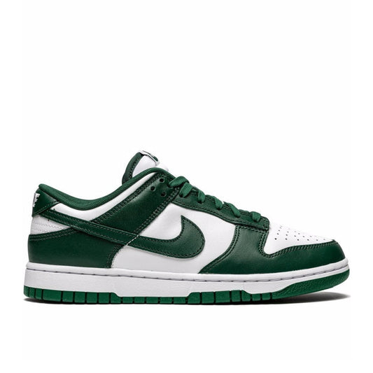 "Nike Dunk Low Spartan Green sneaker with white leather base and green overlays"

"Side view of Nike Dunk Low Varsity Green with perforated toe box and green outsole"

"Close-up of Nike Dunk Low Team Green with smooth leather and Nike Swoosh"

"Nike Dunk Low Spartan Green – classic basketball-inspired sneaker with white and green colorway"