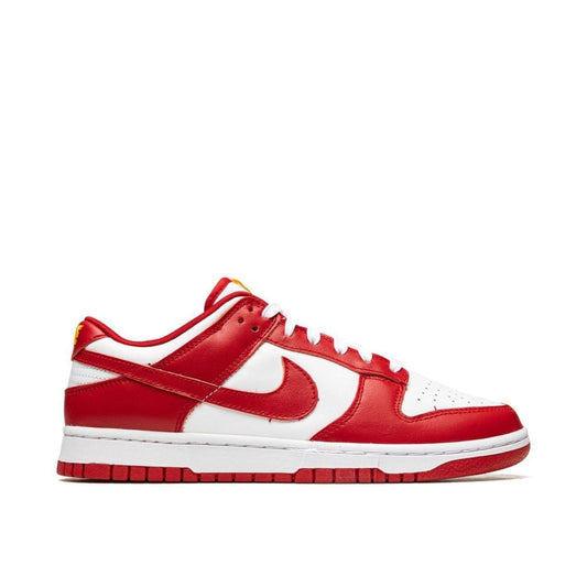 "Nike Dunk Low University Red 2020 sneaker with white leather base and red overlays"

"Side view of Nike Dunk Low St. John’s with perforated toe box and red rubber outsole"

"Close-up of Nike Dunk Low University Red showing embroidered Nike heel branding"

"Nike Dunk Low University Red – classic collegiate basketball-inspired sneaker"