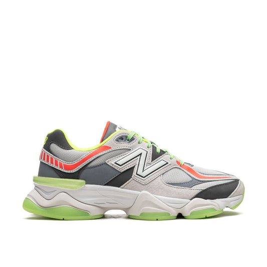 "New Balance 90/60 DTLR Glow sneaker with grey suede and neon green glow-in-the-dark outsole"

"Side view of New Balance 90/60 DTLR Glow with mesh panels and glowing slanted N logo"

"Close-up of New Balance 90/60 DTLR Glow sneaker showing ABZORB midsole and glowing details"

"New Balance 90/60 DTLR Glow – night-ready sneaker with infrared accents and neon green laces"