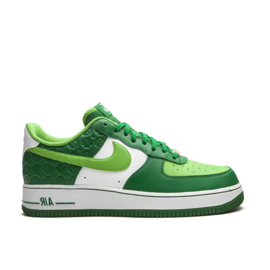 "Nike Air Force 1 Low St Patrick's Day 2021 with Pine Green and Mean Green leather overlays"

"Side view of Nike Air Force 1 Low St Patrick's Day showing four-leaf clover detail on rear quarter"

"Close-up of Nike Air Force 1 Low St Patrick's Day 2021 with green Swoosh and white leather base"

"Nike Air Force 1 Low St Patrick's Day 2021 – festive green sneakers for holiday style"
