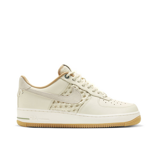 "Nike Air Force 1 Low NAI-KE Cream sneaker with partly-woven textile upper and cream leather overlays"

"Side view of Nike Air Force 1 Low NAI-KE Cream with white midsole and cream rubber outsole"

"Close-up of Nike Air Force 1 Low NAI-KE Cream showing woven texture and leather details"

"Nike Air Force 1 Low NAI-KE Cream-Colored Partly-Woven Style – sustainable sneaker with classic silhouette"